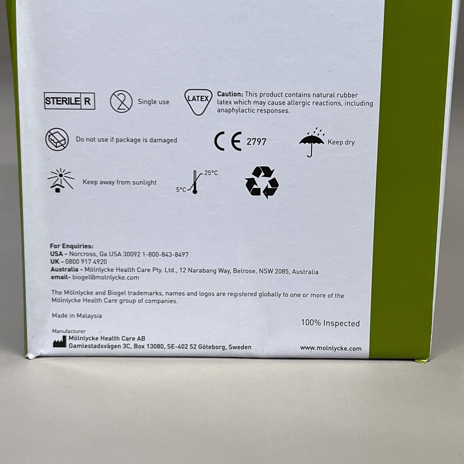 MOLNLYCKE Biogel Latex Surgical Indicator Underglove SZ 7.5 Green 50 Pairs 31275