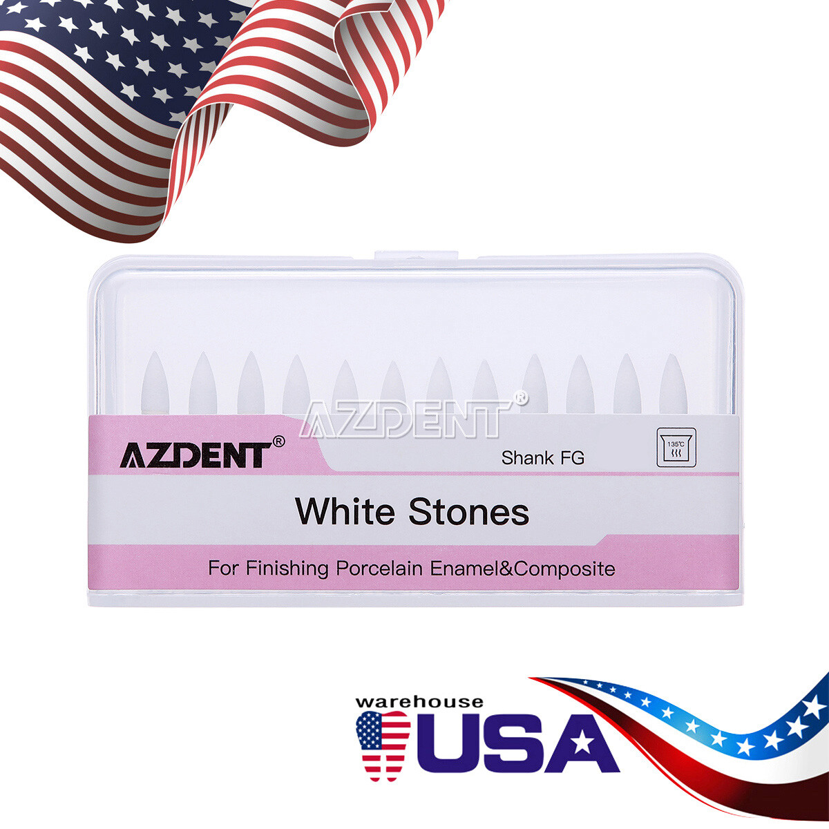 AZDENT Dental White Stone Polishing Burs Flame Mounted FG Abrasion Point Burs