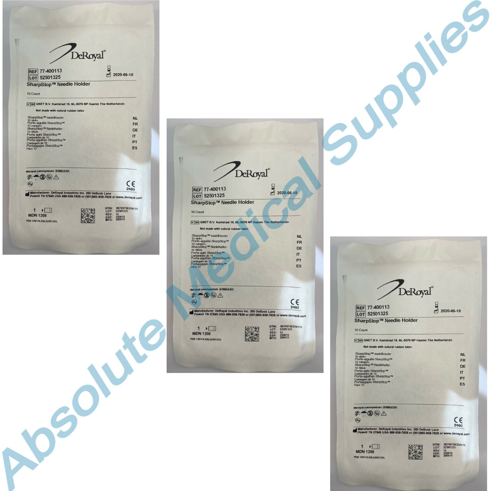 *3-Pack* DeRoyal SharpStop 10 Count Needle Holder Sterile 77-400113