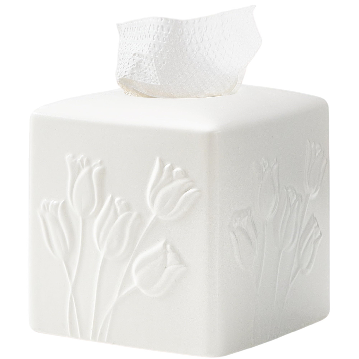Ramblion White Ceramic Tulips Tissue Cover – Modern Square Decorative Organizer