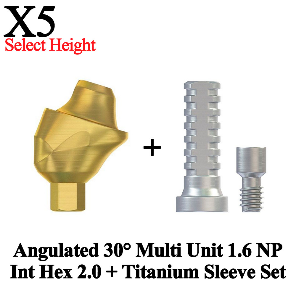 5x Set Angulated 30° Multi Unit 1.6 NP Int Hex 2.0 + Titanium Sleeve Dental