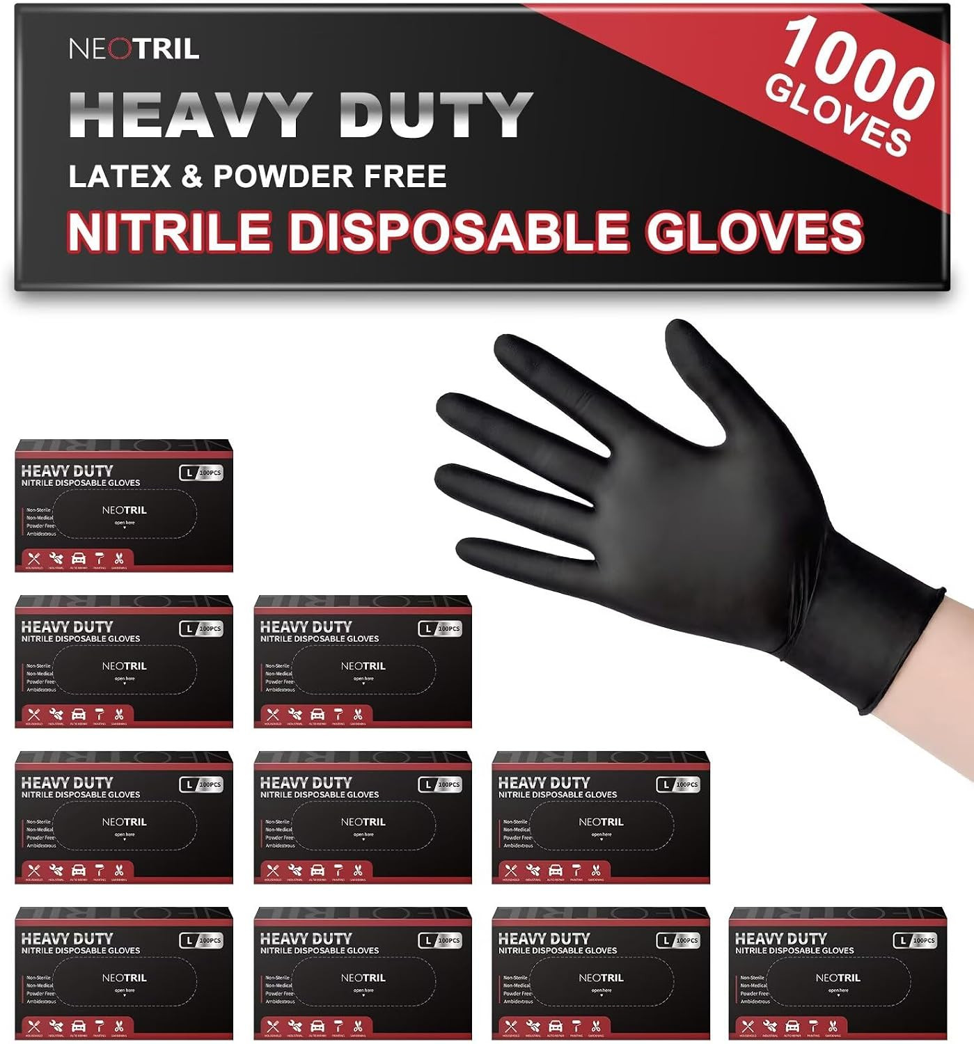 6 Mil Heavy Duty Black Nitrile Disposable Gloves, Latex Powder-Free, Textured Ru