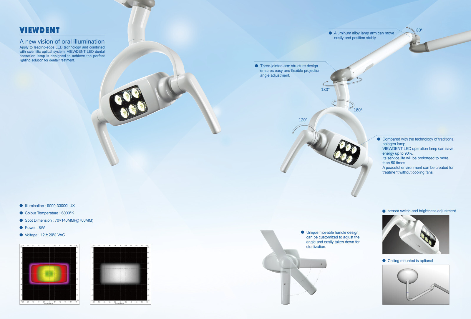 Dental Ceiling Oral LED Surgical Light Shadowless Operatory Lamp 6 LED w/h Arm