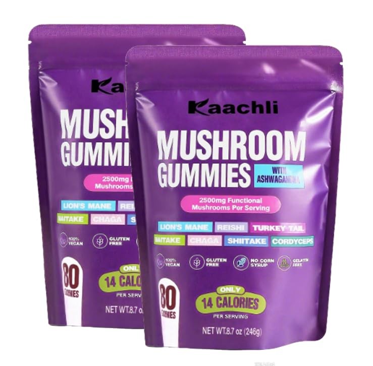 KAACHLI 1000mg Ashwagandha & Mushroom Gummies, with 8-Mushroom Blend (Reishi, Li