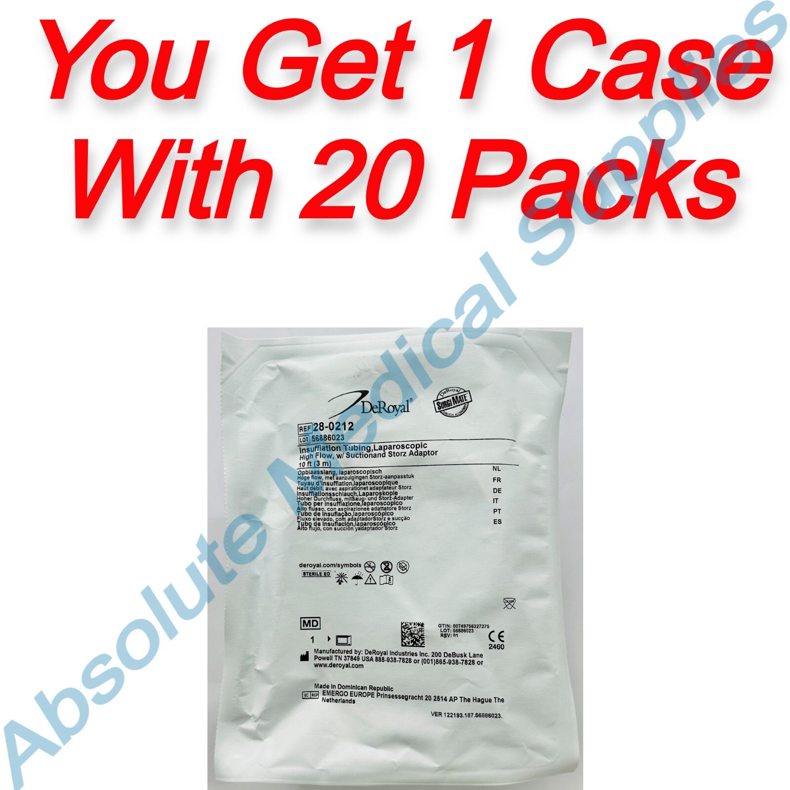 *20-Pack* DeRoyal Laparoscopic Insufflation 10′ Tubing 0.3 Micron Filter 28-0212