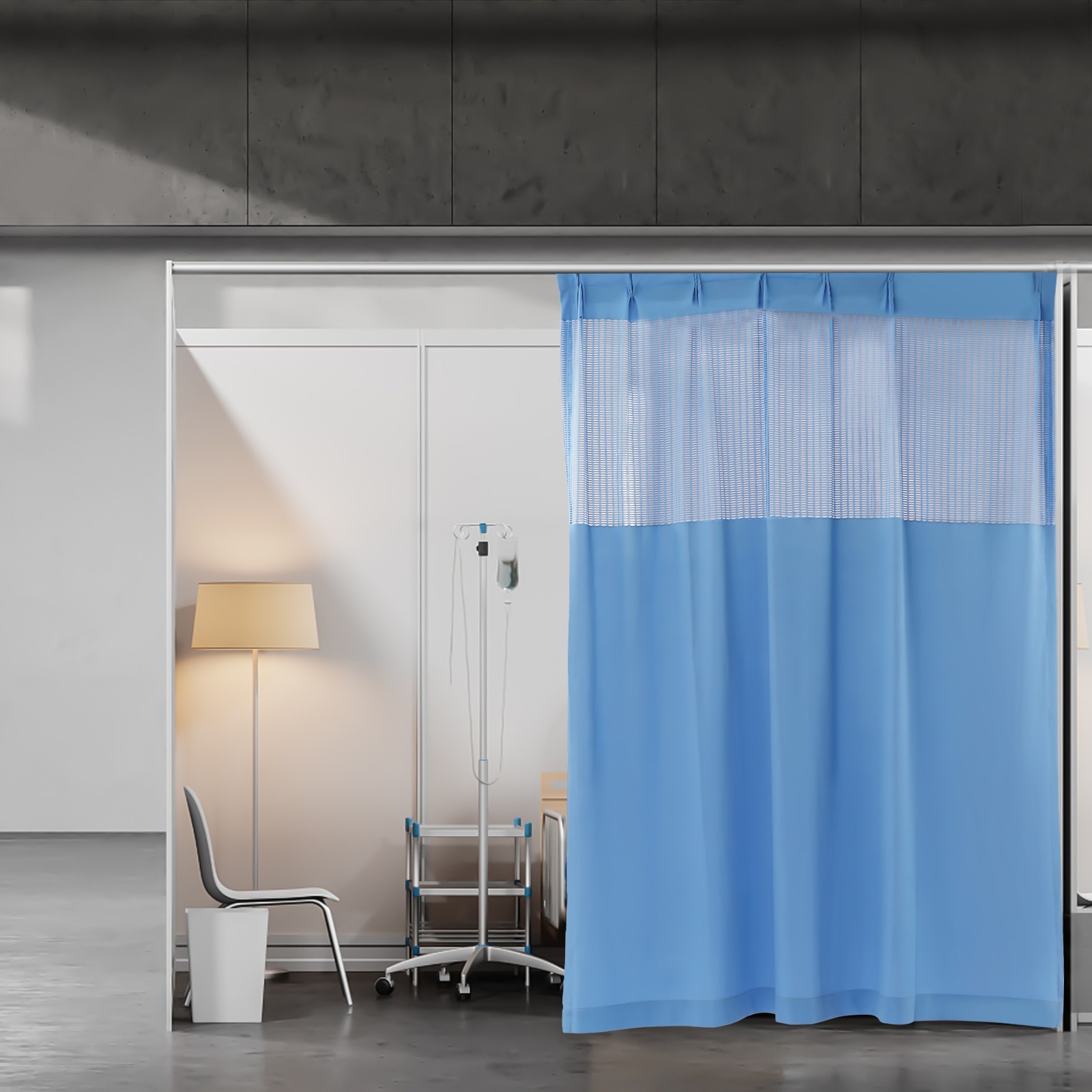 Polyester Zig Zag Curtain (7*8ft, Blue) with Flat Hooks for Hospital ICU Clinic