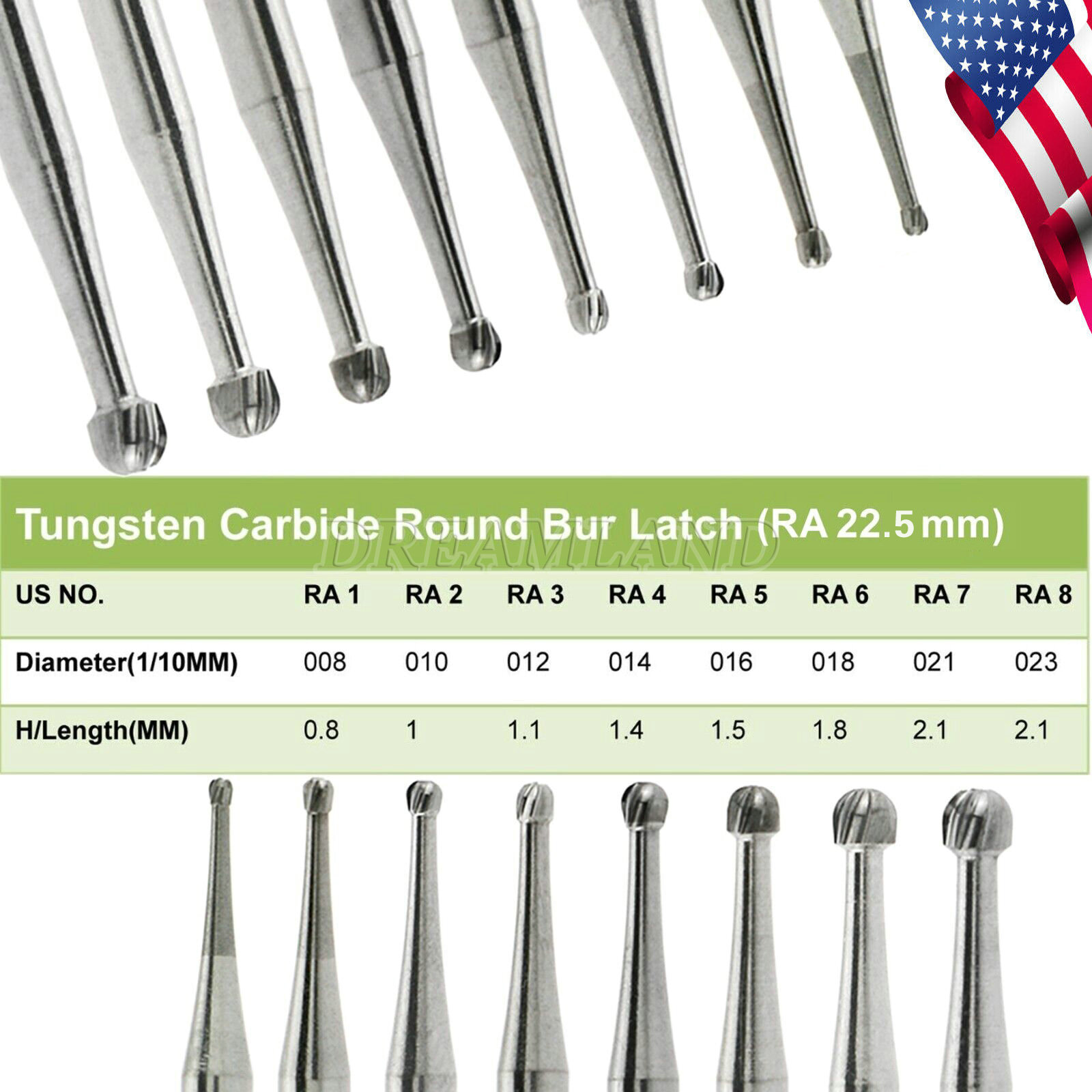RA #1-8 Regular Round Carbide Burs for Slow Speed Latch RA1-RA8 Dental