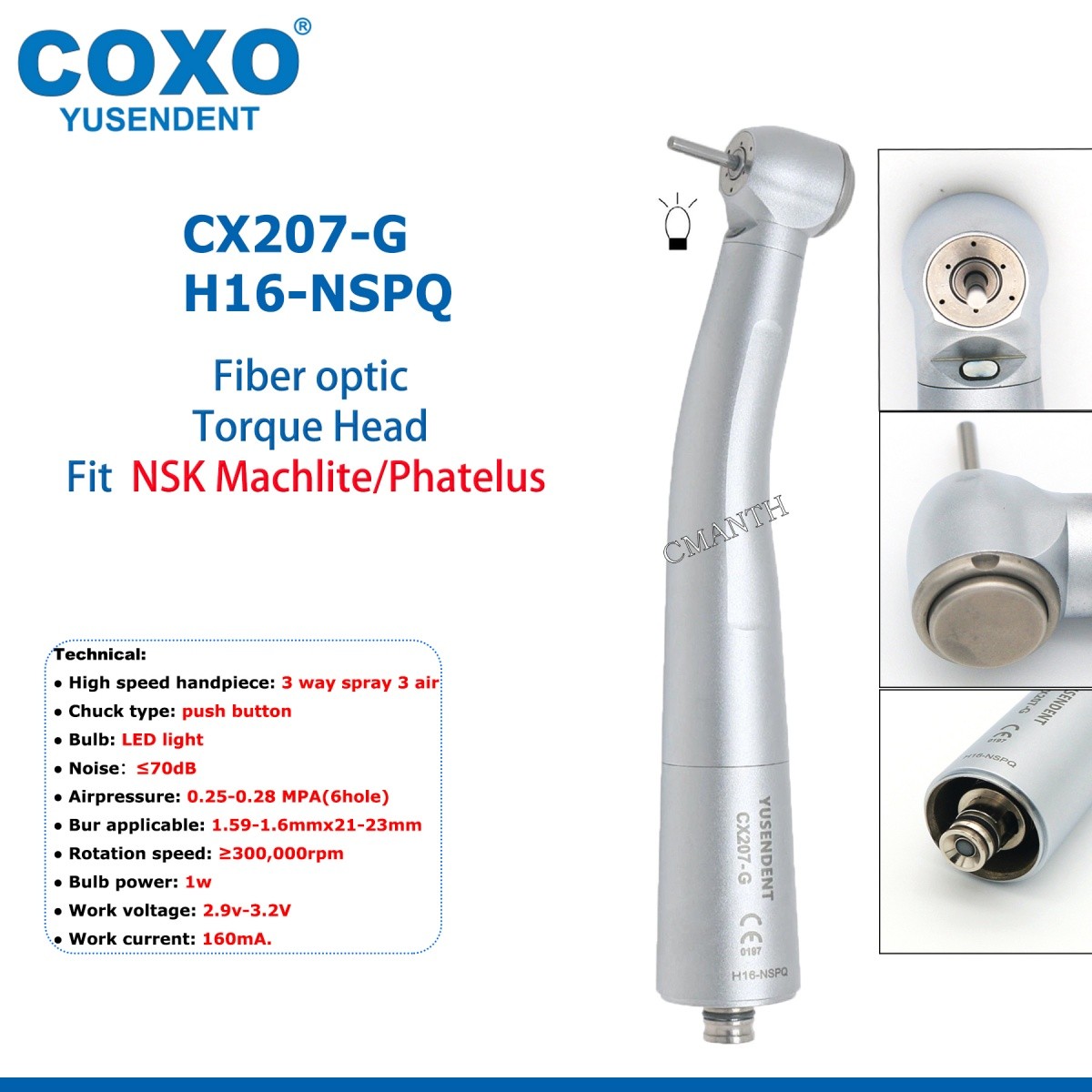 COXO CX207-G Dental Turbine Fiber Optic High Speed Handpiece LED Coupler 6 Hole