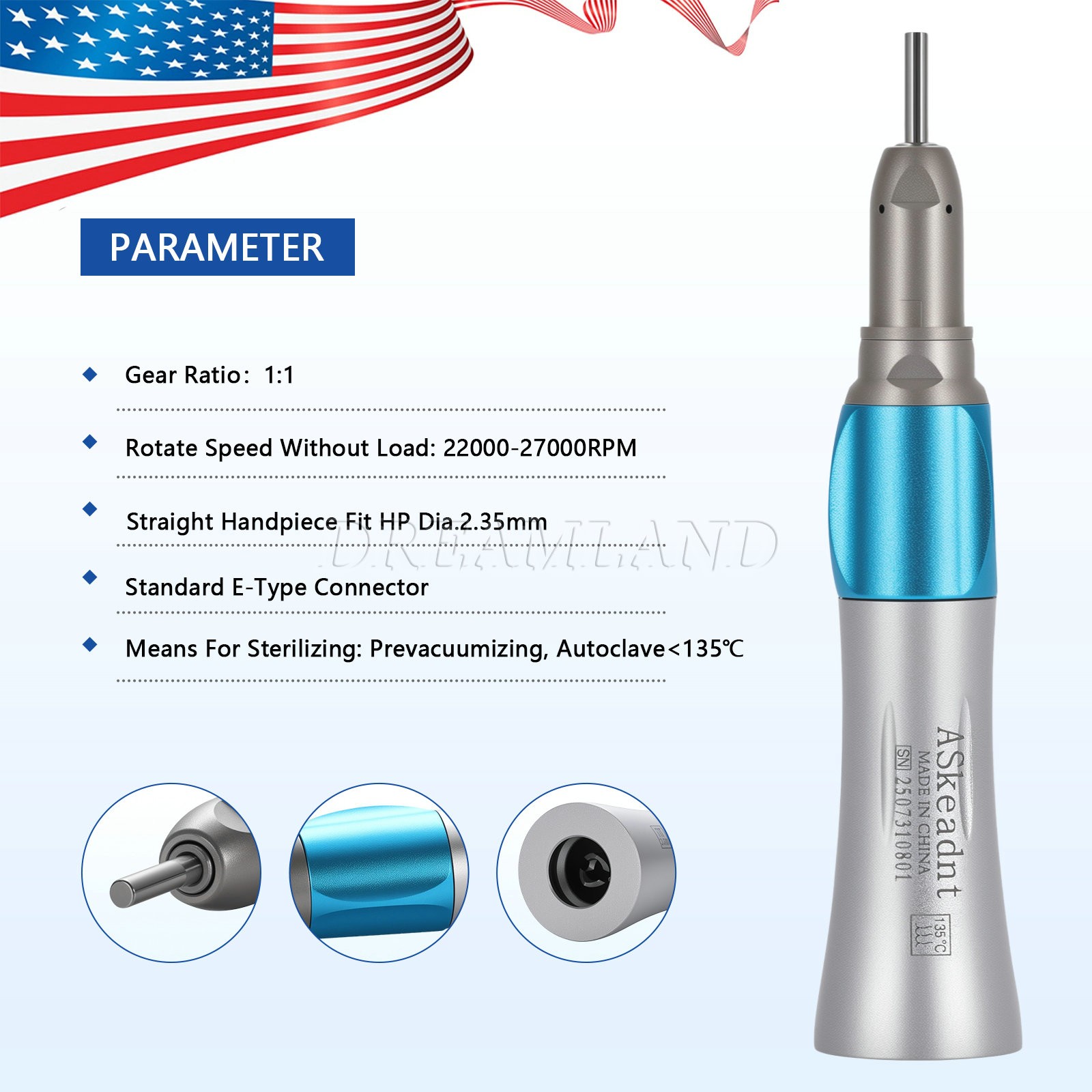 NSK Style Dental Slow Low Speed Contra Angle Straight Air Motor Handpiece 4 Hole