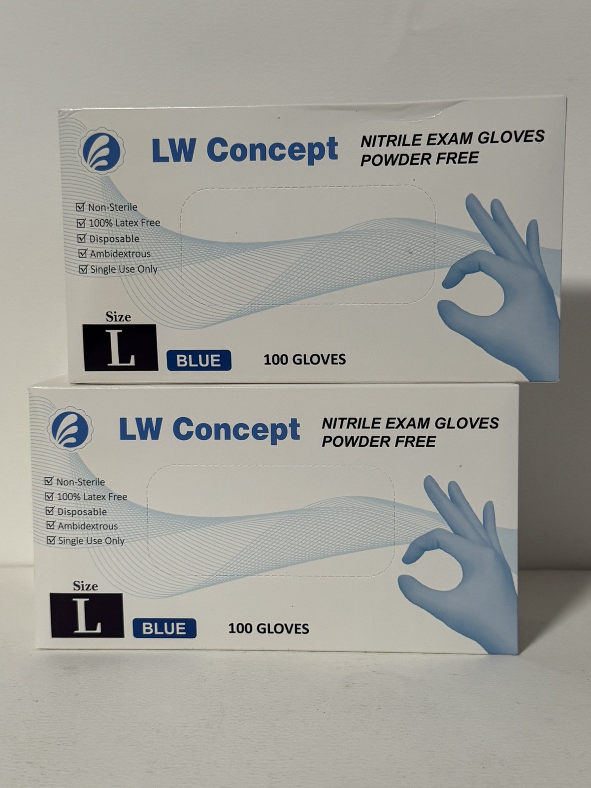 2x LW Concept Nitrile Powder Free Exam Gloves, Blue, Size- Large, 100/Box