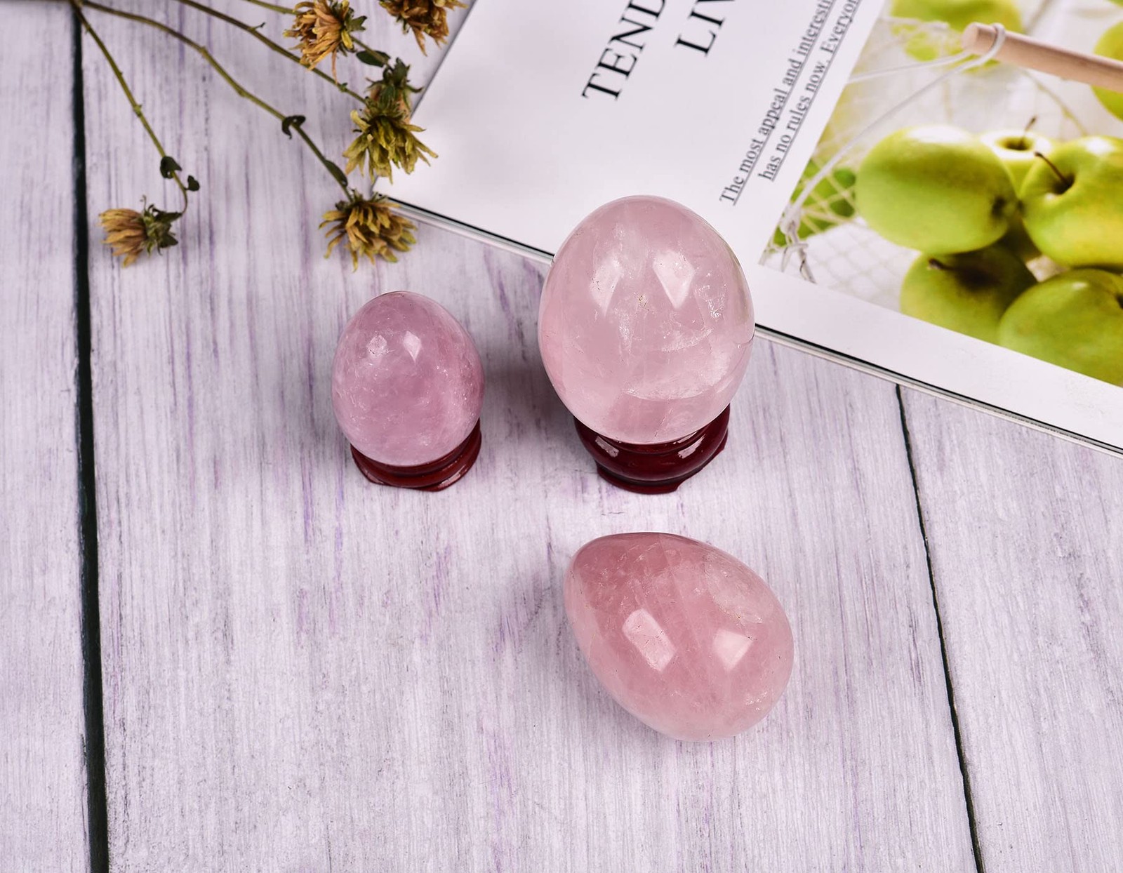 Amoystone Hand-Carved Rose Quartz Decorative Egg Base Healing Crystal Stone For