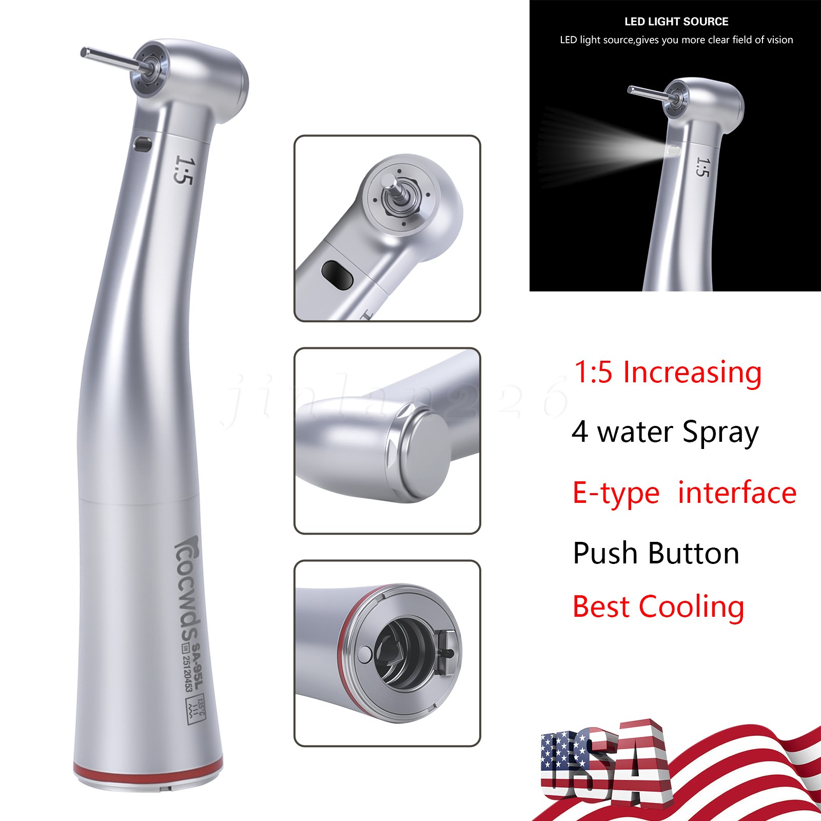 Dental LED 1:5 Contra Angle Angulo Inner Spray Contrangulo Turbina Handpiece