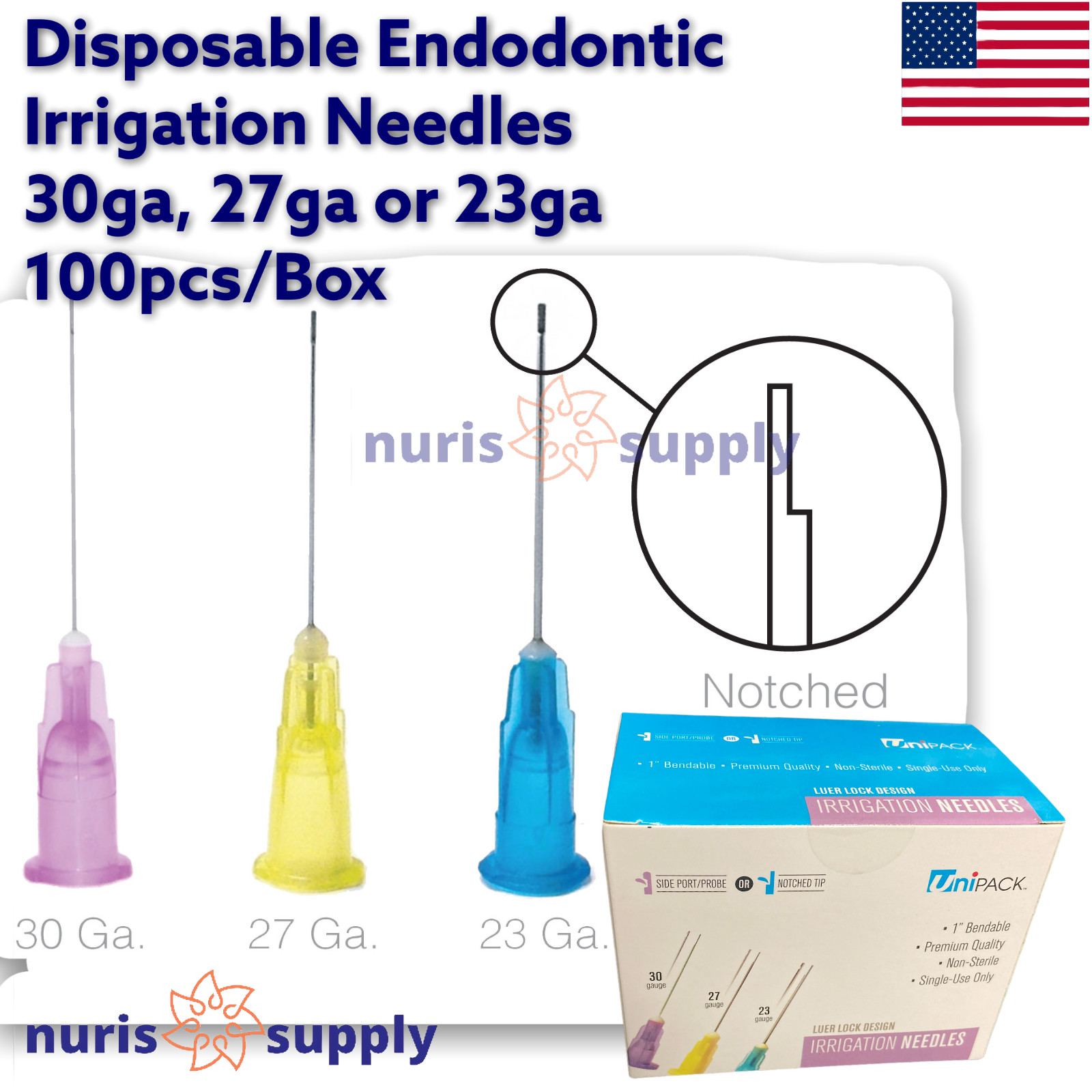 Dental Endodontic Luer Lock Notched Irrigation Needle Tips 23ga 27ga 30ga 100pcs