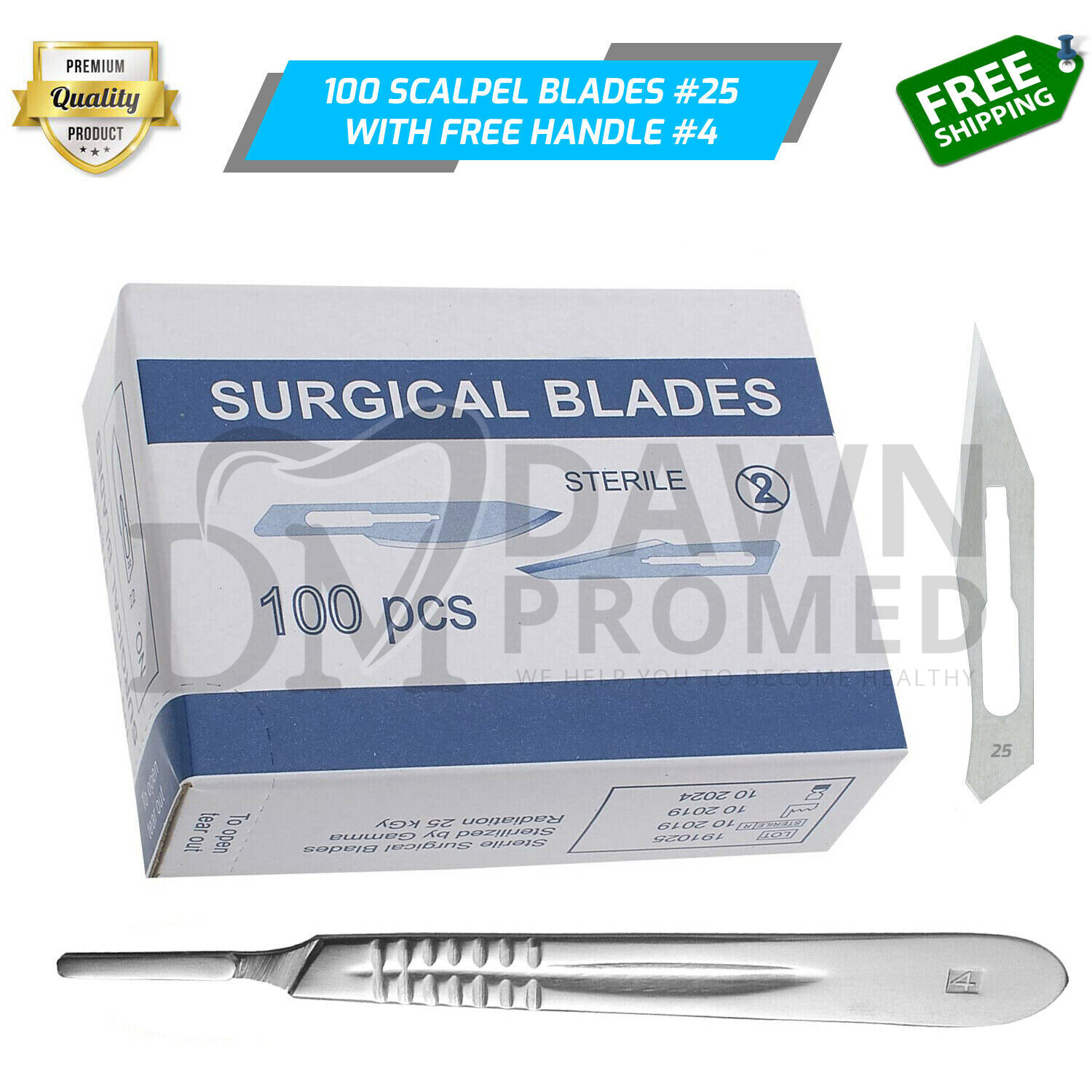 100 Sterile Surgical Blades #25 with Scalpel Handle #4 Medical ENT Dental