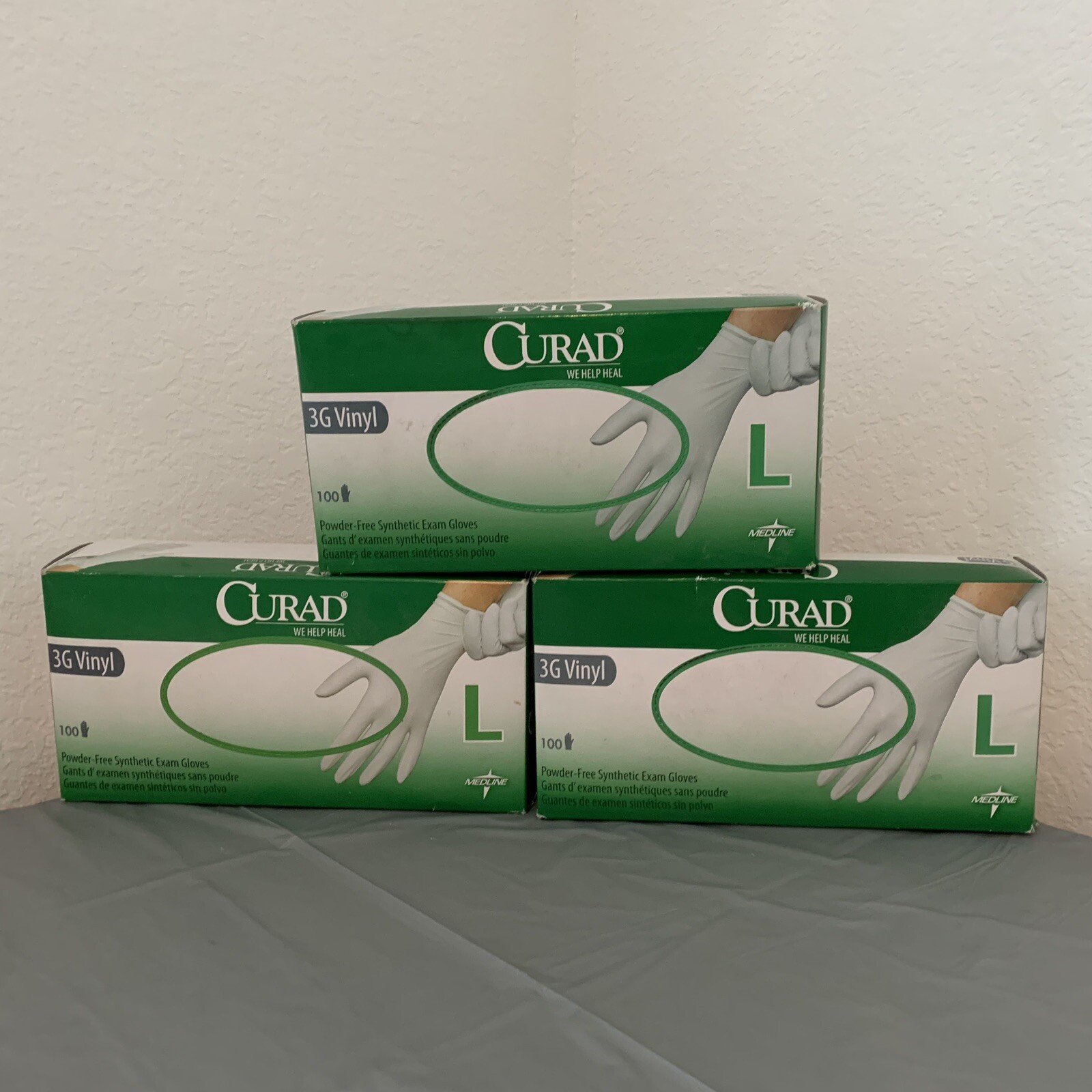 Lot Of 3 Curad Powder Free 3G Vinyl Exam Gloves CUR8236 Size Large 100 Each Box