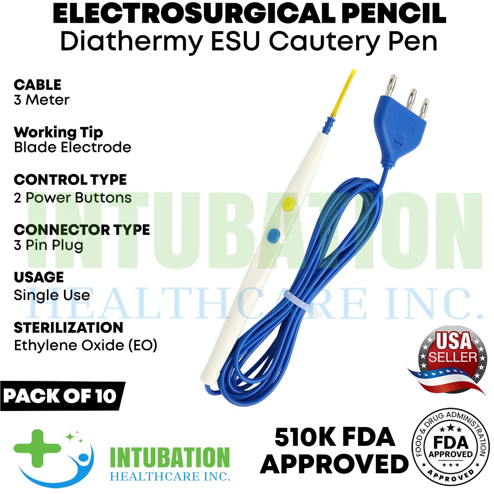 Electrosurgical Pencil with Blade Electrode Diathermy ESU Cautery Pen 10 Pcs Box