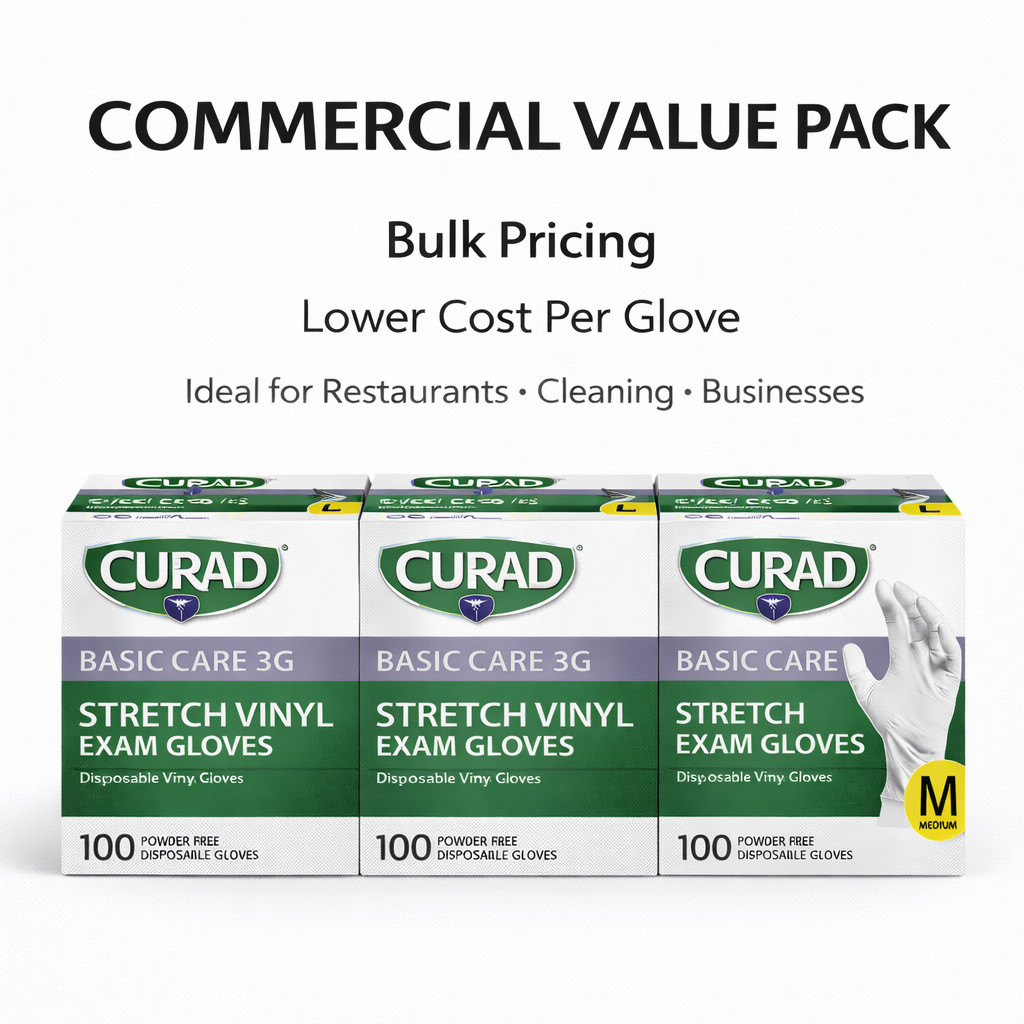 CURAD Basic Care 3G Stretch Vinyl Exam Gloves, Size M Soft Flexible Easy Fit