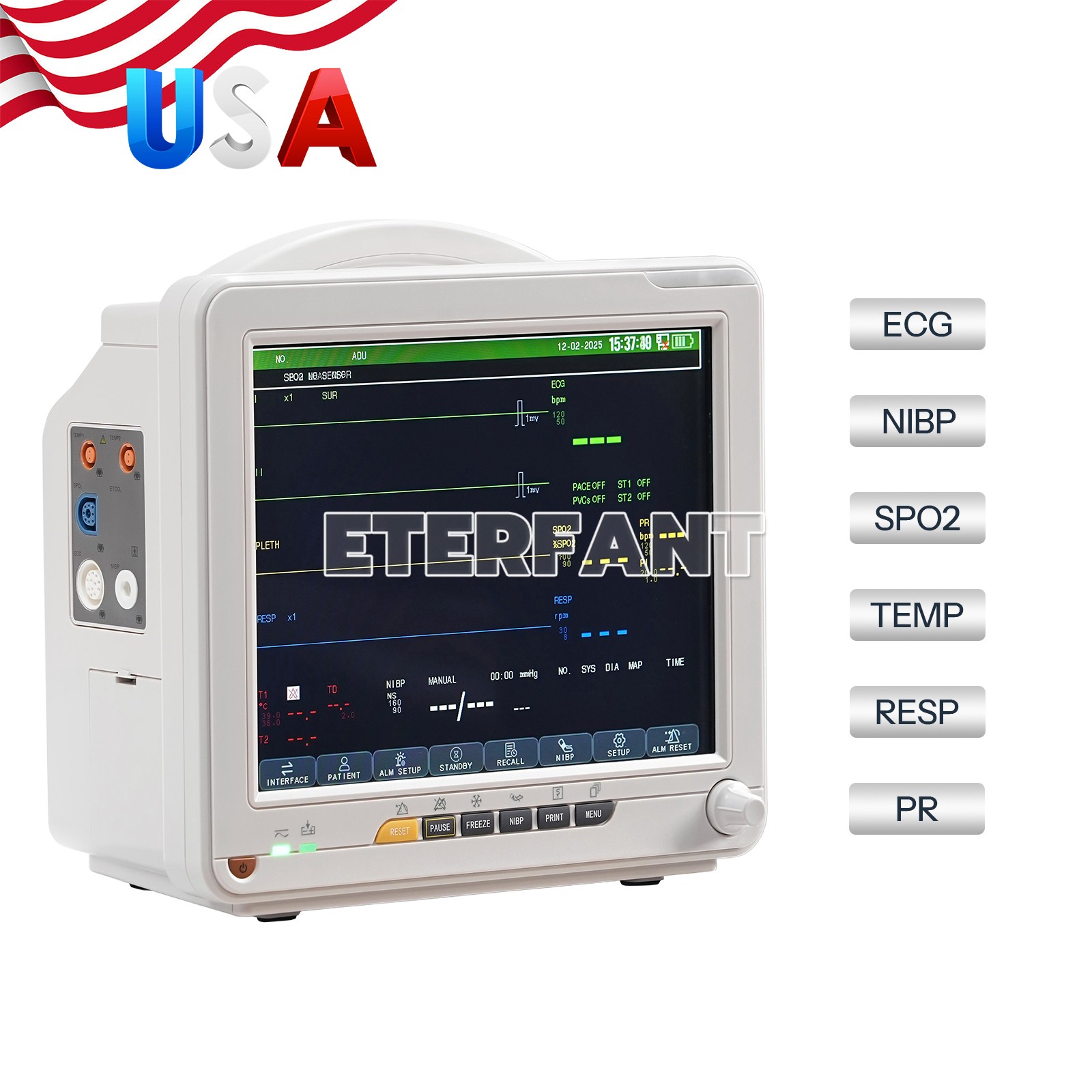 12-Inch Patient Vital Signs Monitor Multi-Parameter ECG/NIBP/TEMP/RESP/SPO2/PR