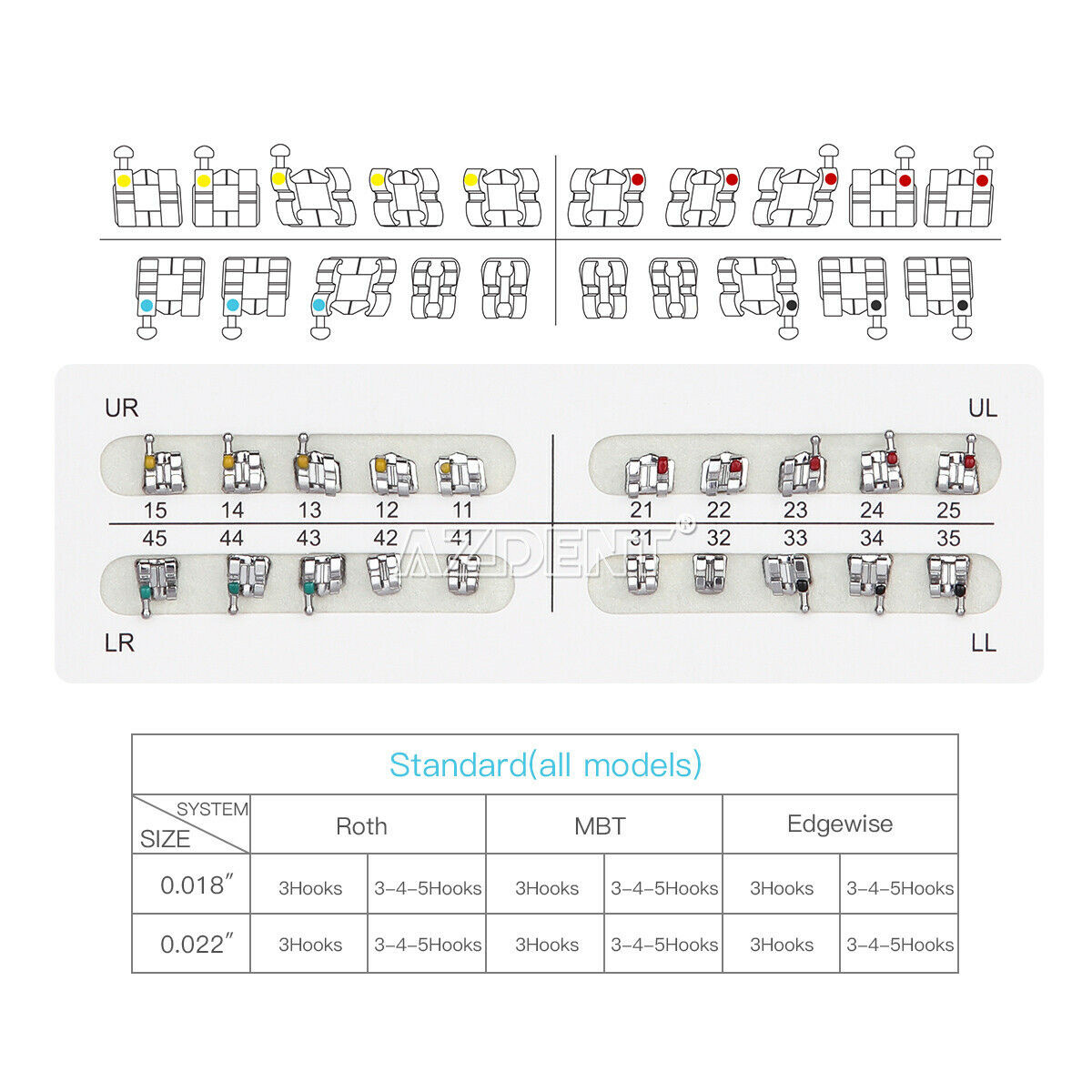 10 Sets AZ Dental Orthodontic Brackets Braces Standard Roth.022 Hooks 3-4-5