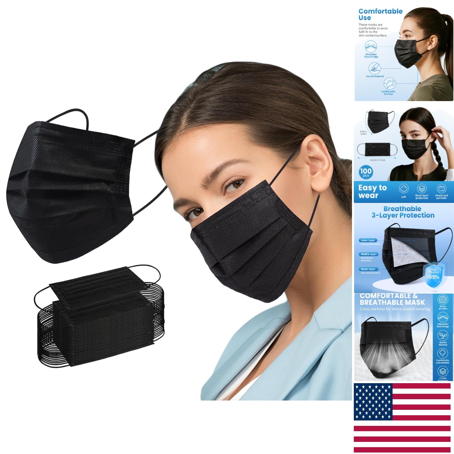 3 Ply Black Disposable Face Masks (100 PCS) for Comfortable Daily Protection