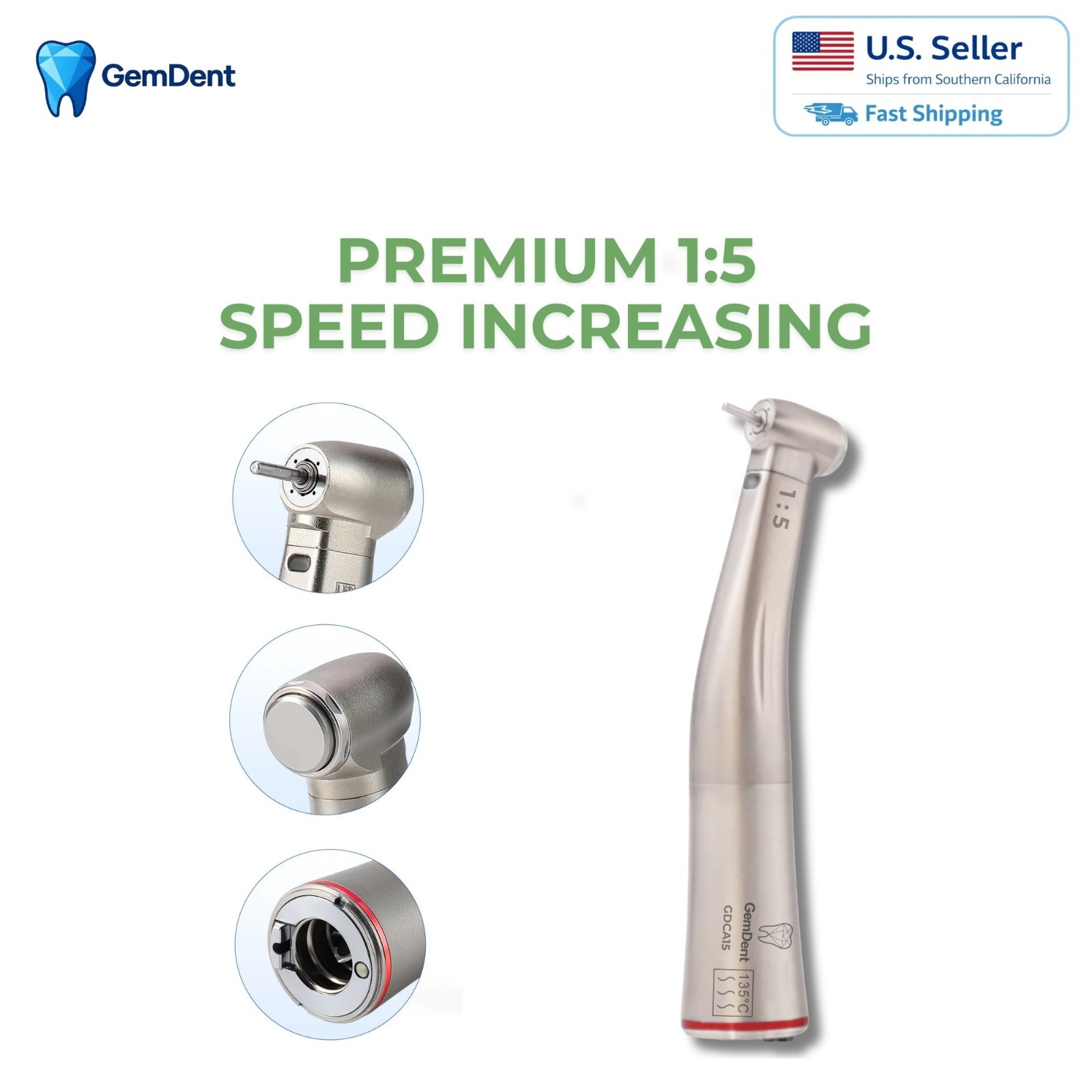 GemDent 1:5 Contra Angle Fiber Optic LED Speed Increasing Internal Water