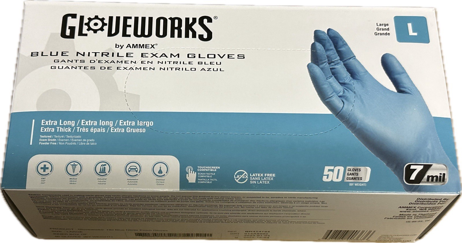 Gloveworks Blue Nitrile PF Exam Gloves – 7 mil – (Case of 10 Boxes/500 Gloves)