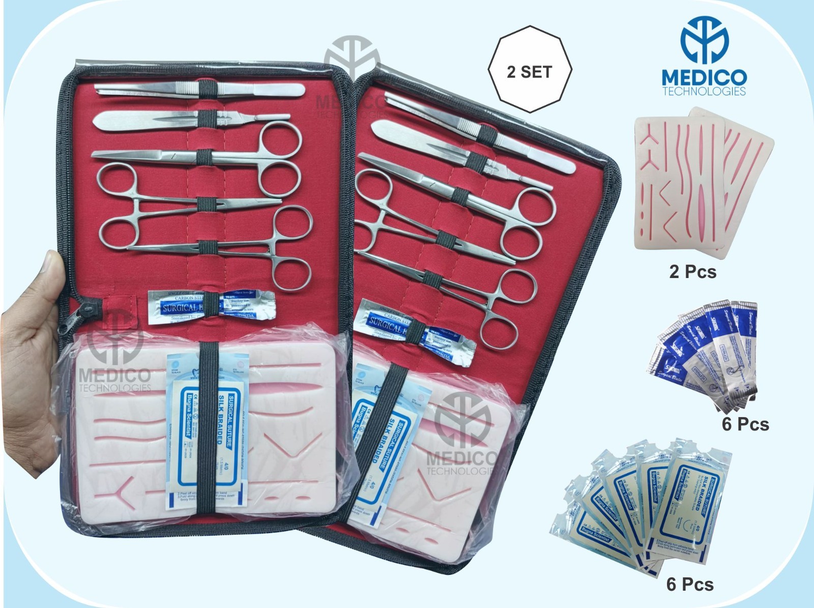 2Set Suture Practice Kit Complete Suture Training kit With Silicone Pad, Blade