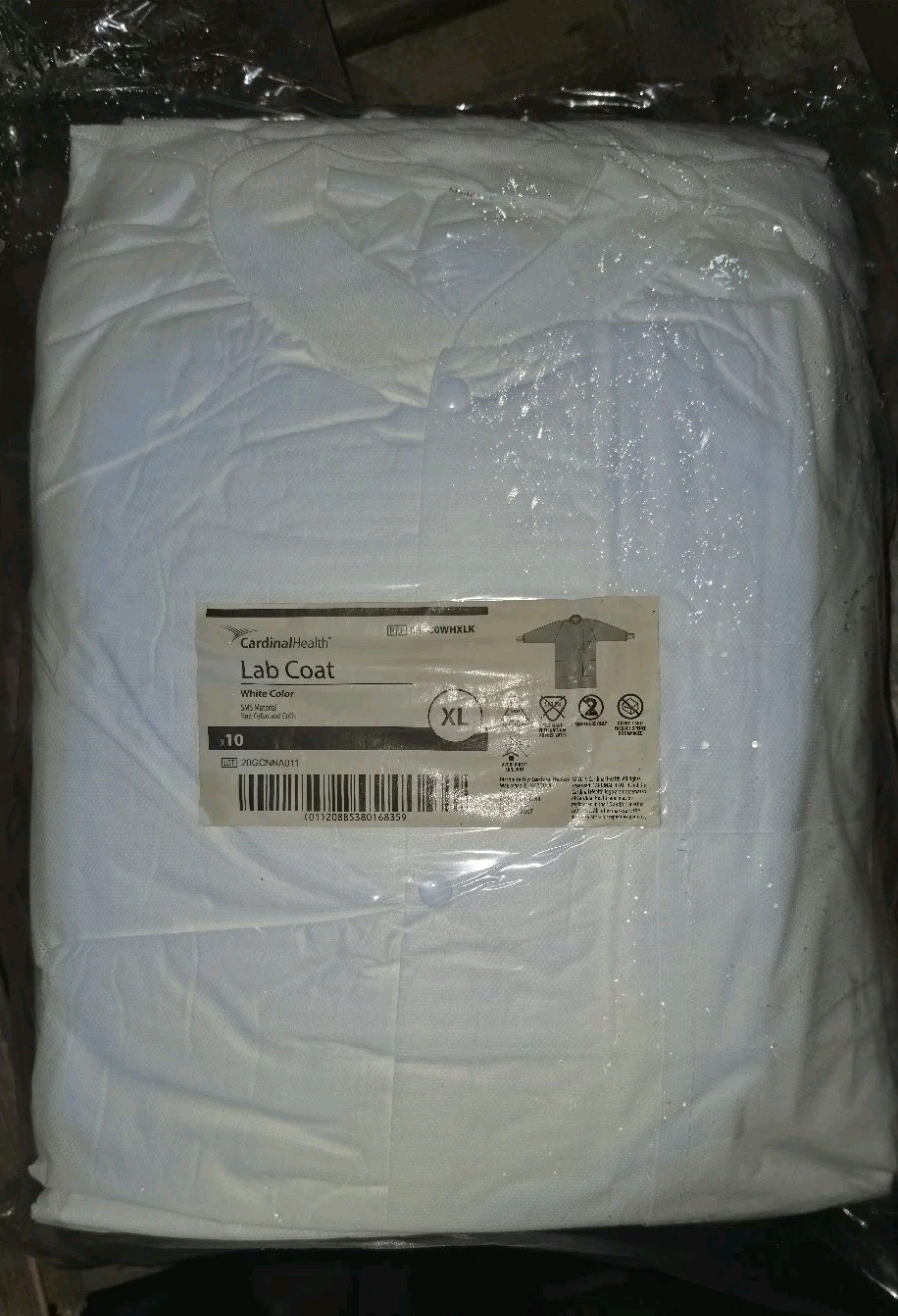 Cardinal Health Knee-Length Lab Coat, Knit Collar, White, XL, Bag of 10