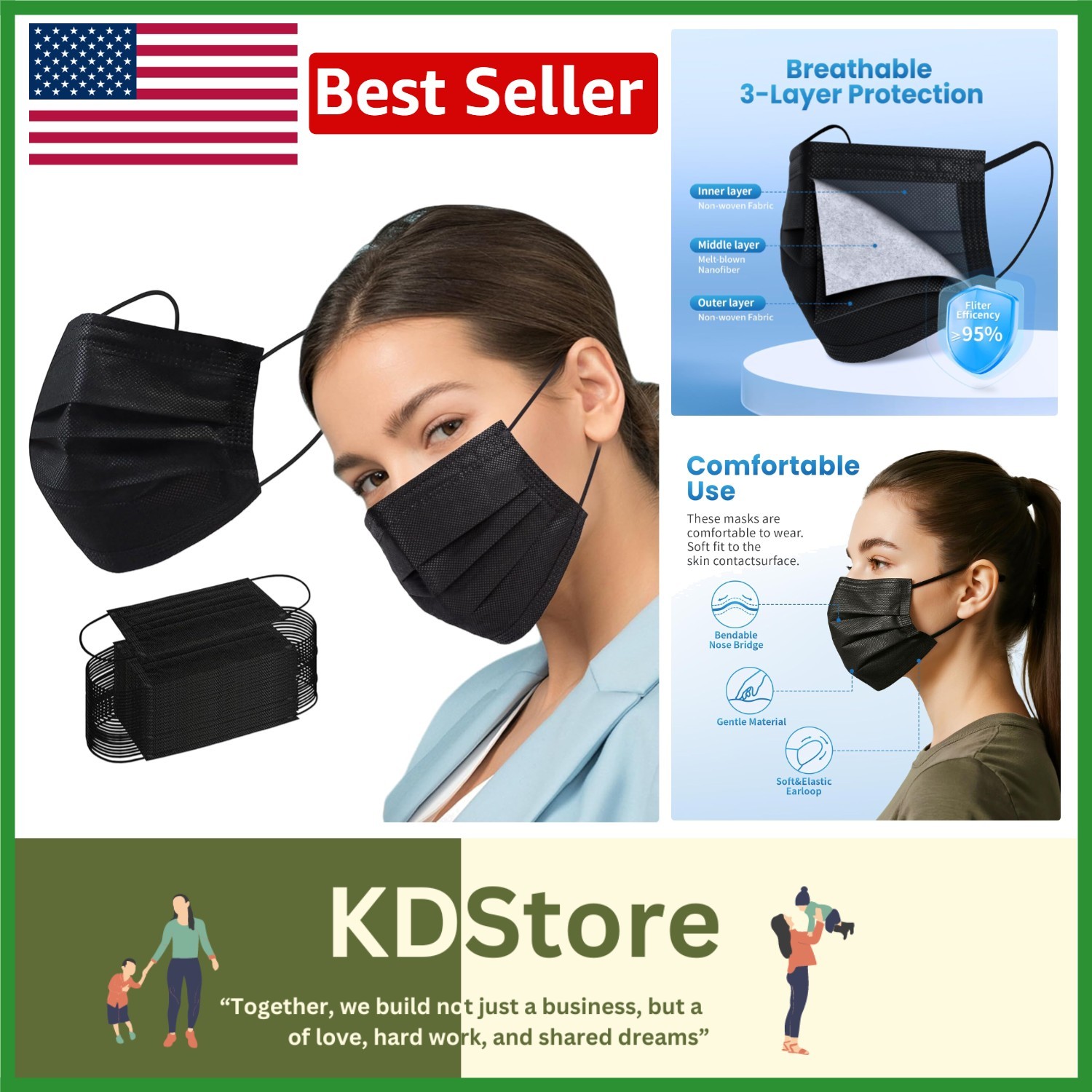 3-Ply Disposable Face Masks, 100 PCS Black Masks for Daily Protection