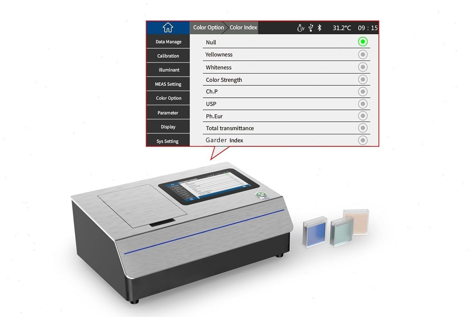 Liquid Colorimeter with Inter-instrument Error ΔE*ab within 0.25 Data Storage