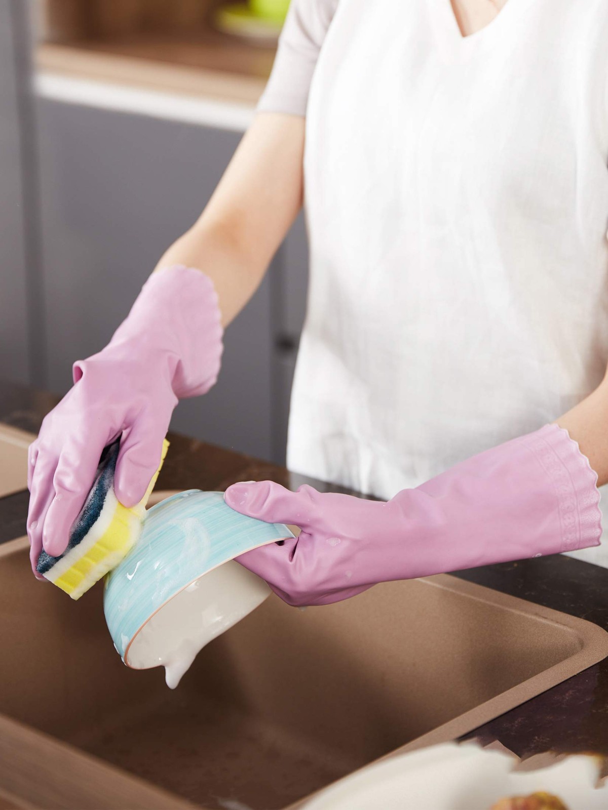 LANON 3~Pair Reusable Dishwashing Gloves, Cotton Lined, Non~Slip, Medium