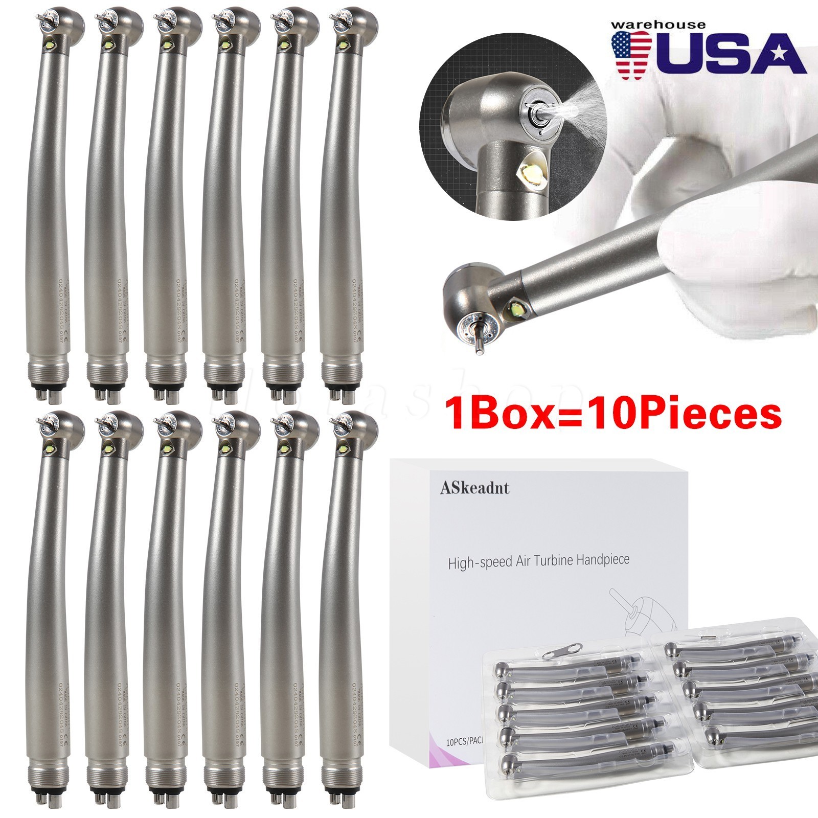 10 PCS Dental LED E-Generator Fiber Optic High Speed Handpiece 4 Hole NSK Style