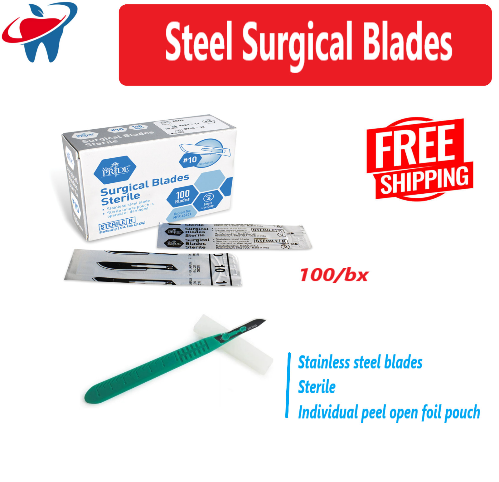 Surgical Blades, Stainless Sterile Blade #10 #11 #12 #15 #20 #21 #22, 100/Bx, US