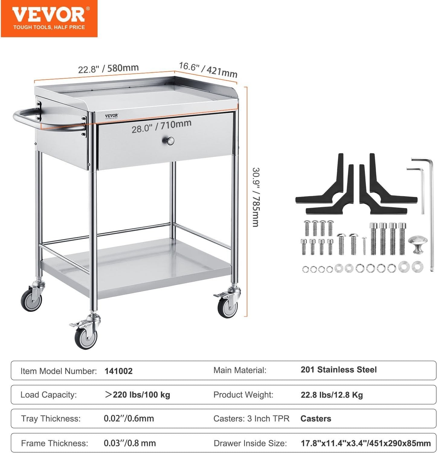 Versatile Stainless Steel Utility Cart – 2-Tier with Drawer and Locking Wheels