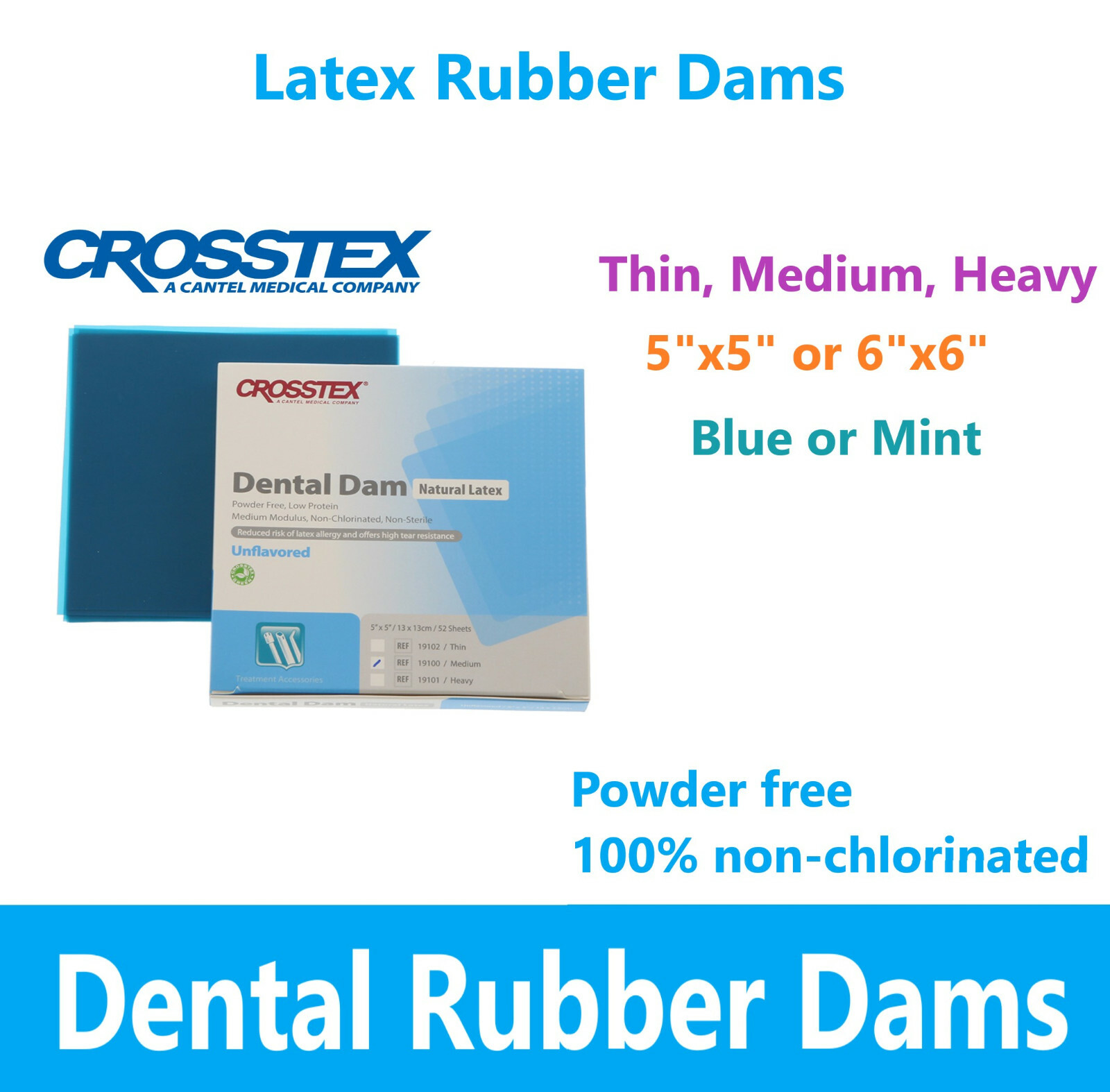 Latex Dental Dam – Mint, Green, 5″ x 5″, 6″x 6″ Unflavored, 52/Box – Crosstex US