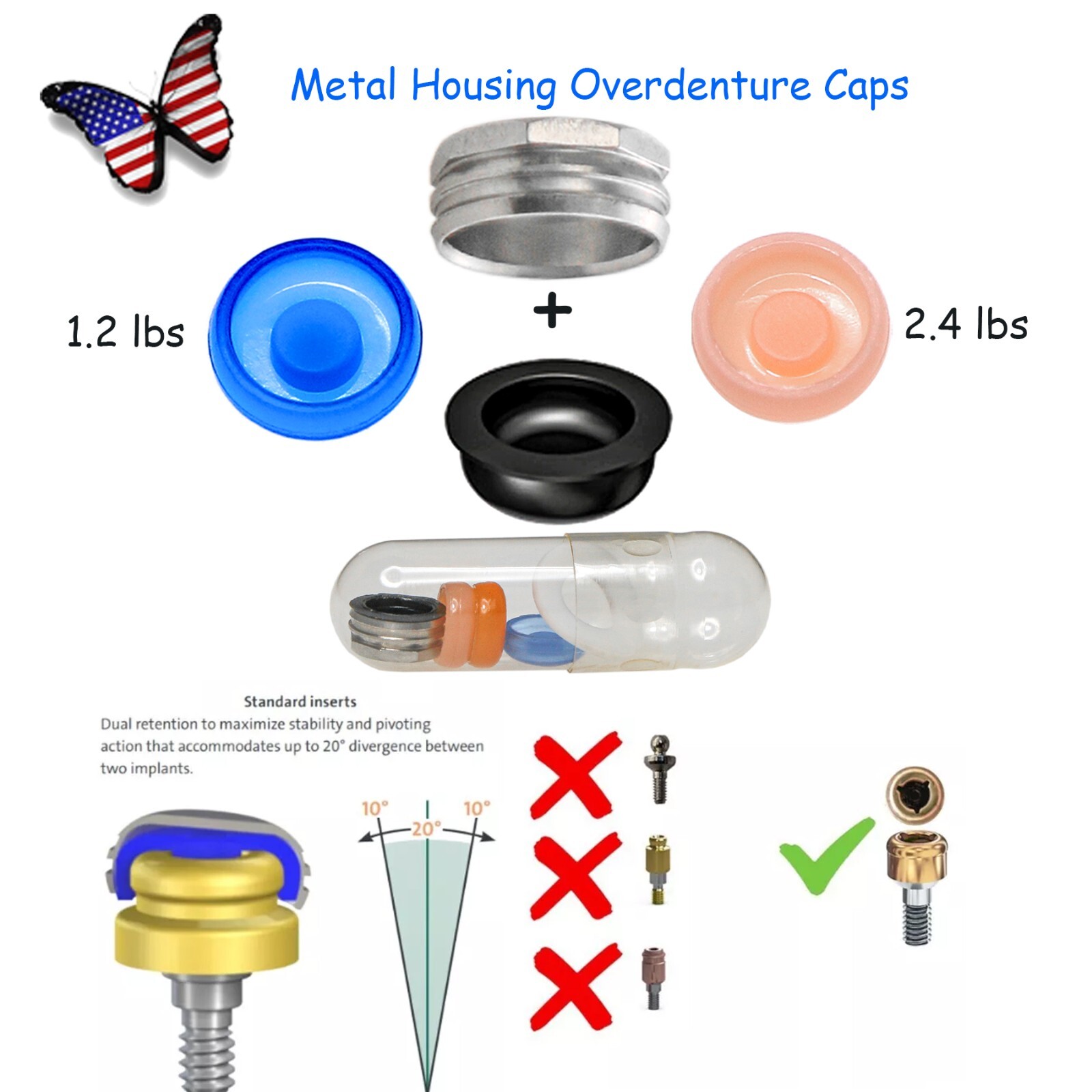 Locator Caps w/ PEEK Inserts 0.8-2.4lb Metal Housing & Spacers for Overdentures