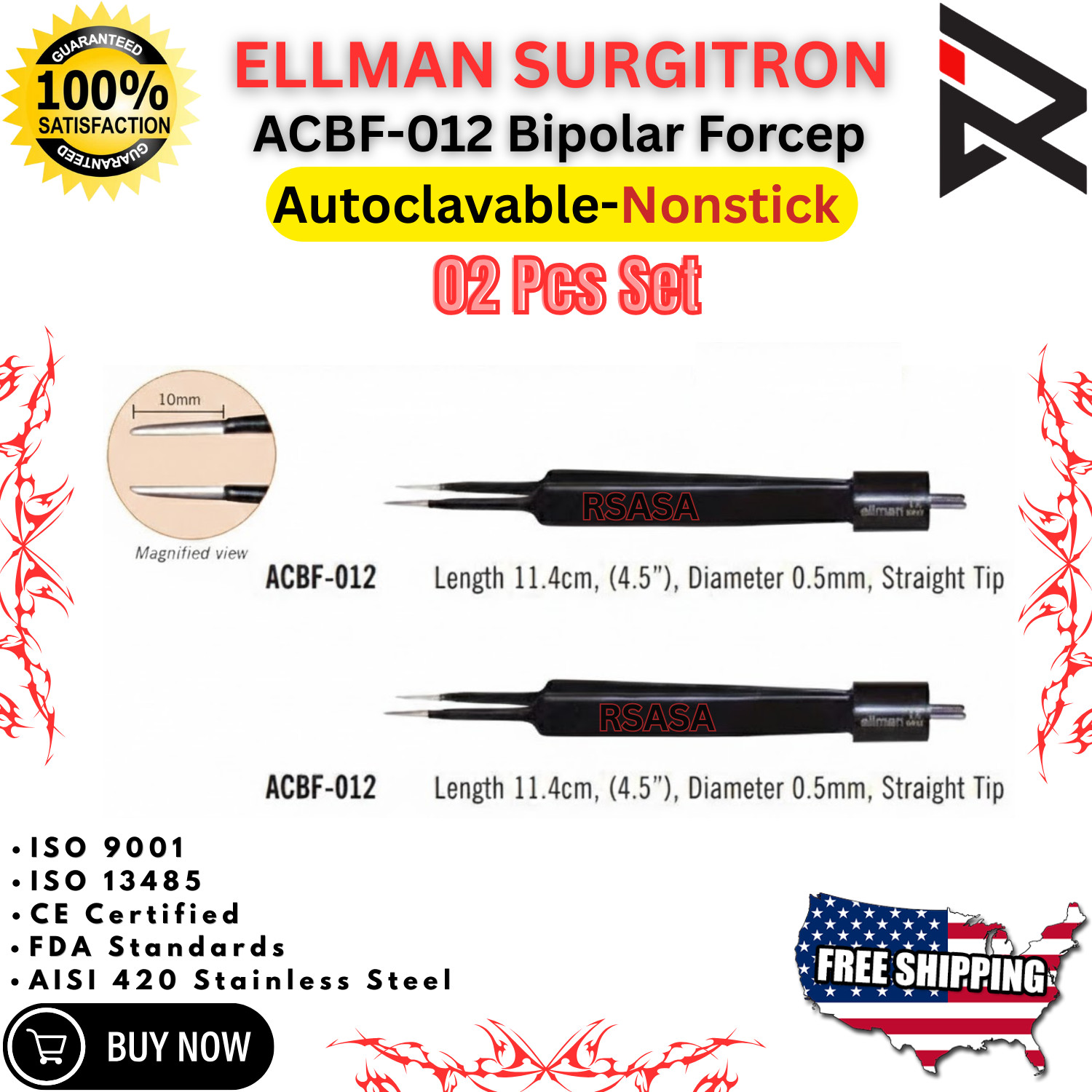Ellman Surgitron ACBF-012 Nonstick 2Pcs Bipolar Forcep Reusable-Autoclavable