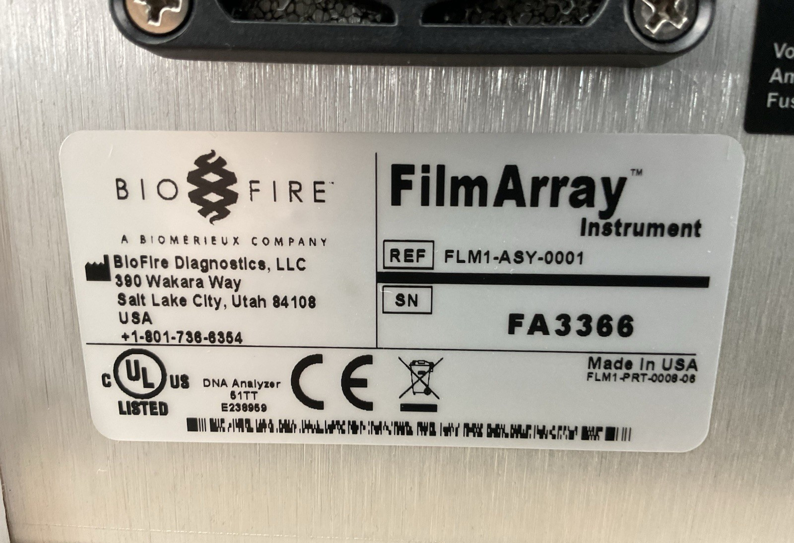 BioFire FLM1-ASY-0001 FilmArray PCR System Rapid Patient Molecular Testing Unit.
