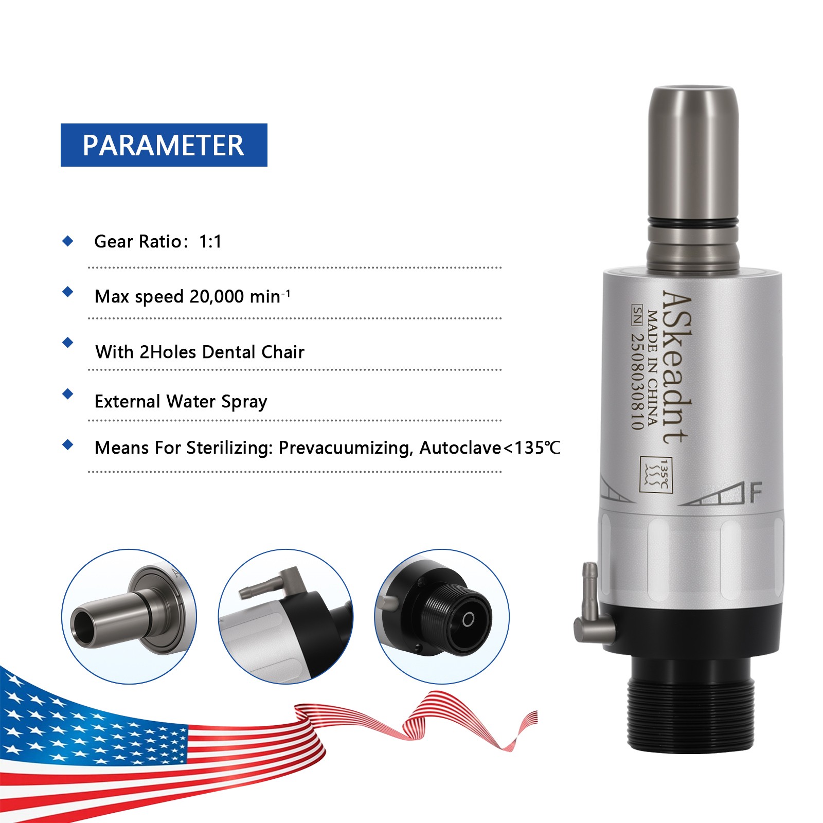 FX Style Dental E-type Air Motor Handpiece 2 Hole Connector Low Slow Speed ASK