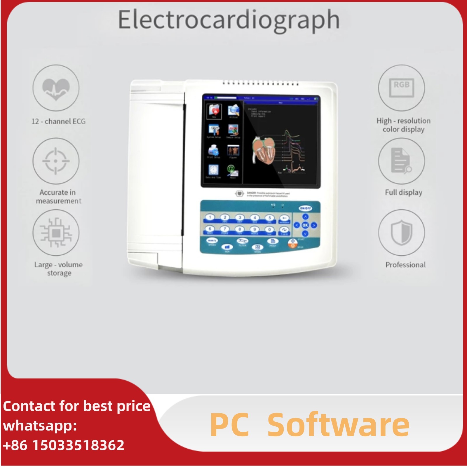 Digital 12-lead 12-channel Electrocardiograph ECG/EKG Machine Software Analysis
