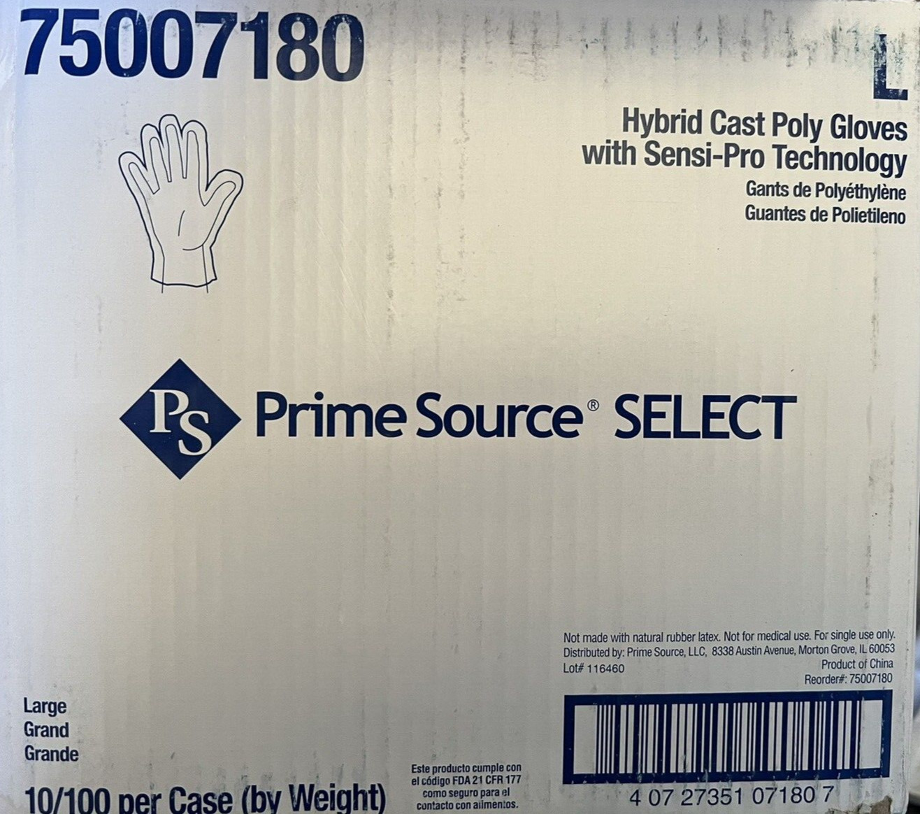 Prime Source 75007180 Hybrid Poly Disposable Gloves L Size 10 Pack = 1,000 Lot
