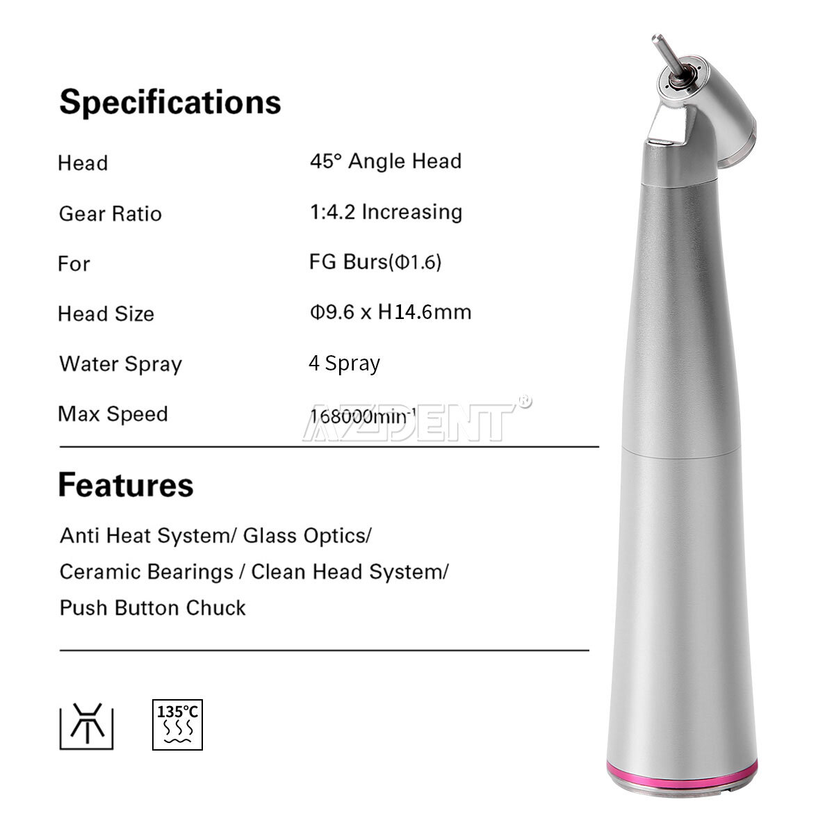 Dental 45° Clean Head LED 1:4.2 Increasing Contra Angle Low Speed Handpiece