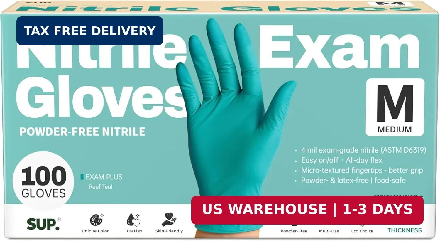 SUP Powder-Free Nitrile Exam Gloves, 100 Count Food Safe Latex-Free Disposable G