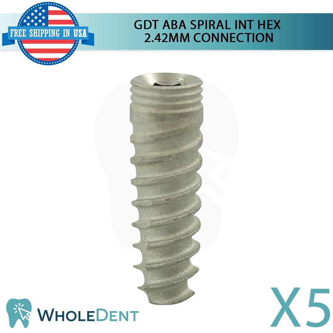 5x GDT ABA Dental Spiral Int Hex 2.42mm Connection Titanium Sterile SLA