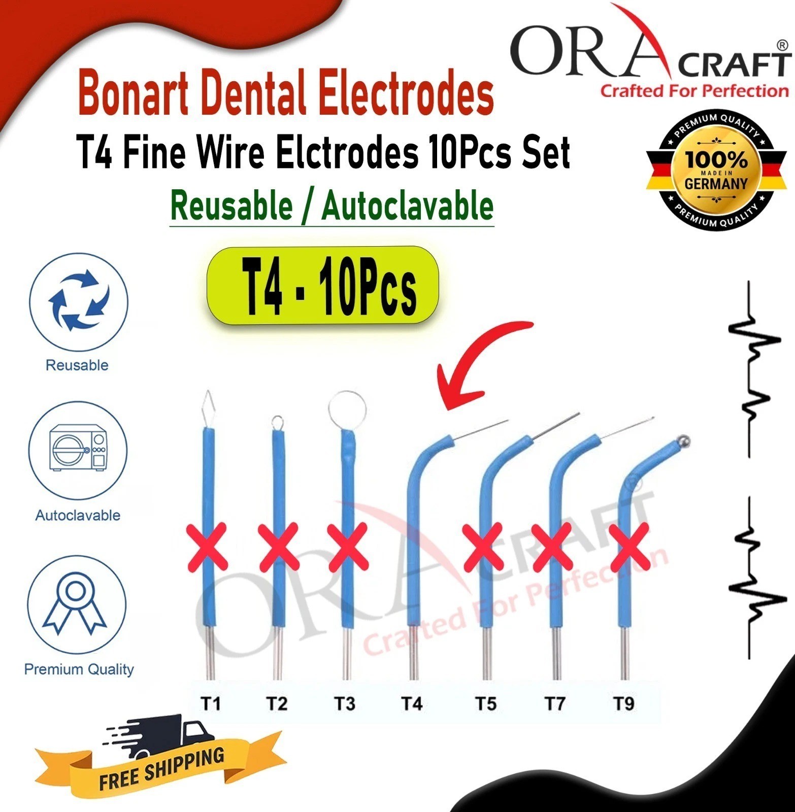 Bonart ART-E1 Dental Electrode T4 Fine Wire Tip 10Pcs Reusable Autoclavable