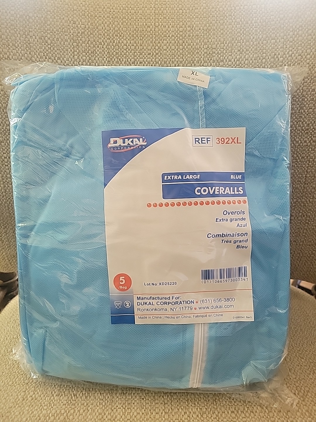 Dukal 393XL, Light Blue, Disposable Coveralls, Bag Of 5