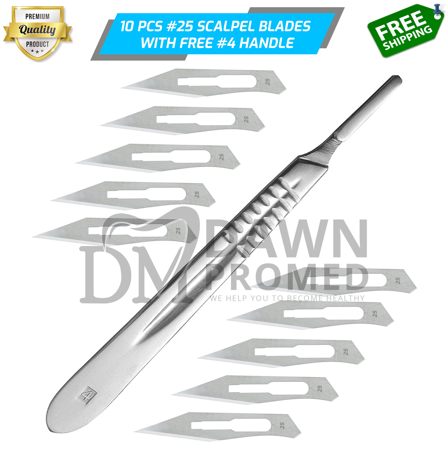 10 Sterile Surgical Blades #25 W/FREE BP Scalpel Handle #4 Medical German Grade