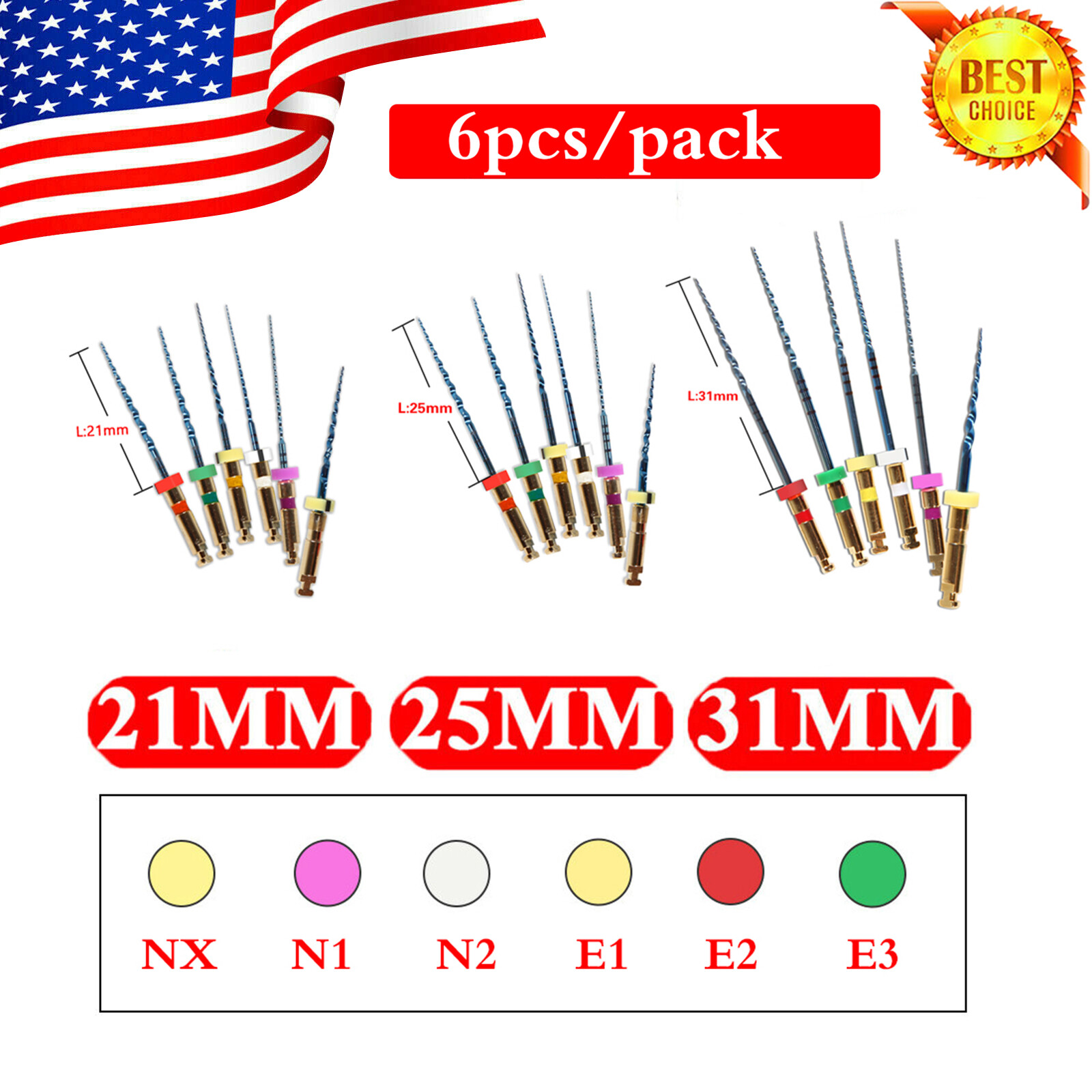 6Pcs/Pack Dental Endo Rotary Files X-Pro Taper NITI Root Canal Files 21/25/31MM