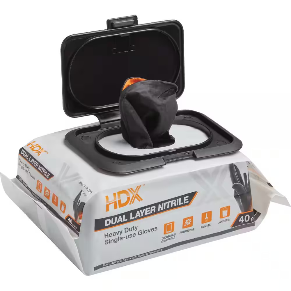 HDX Dual Layer Nitrile Heavy Duty Single Use Chemical Resistant Gloves – 40 Ct.