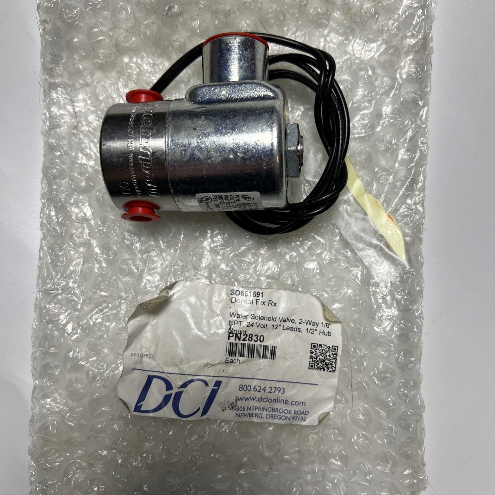 DCI Water Solenoid Valve, 2-Way 1/8″ NPT, 24 Volt, 12″ Lead for Dental, Medical